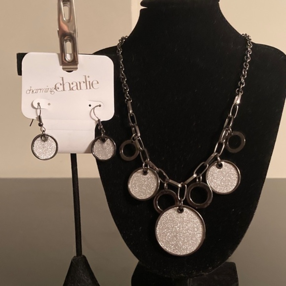 Charming Charlie Glittering Silver Necklace Set
